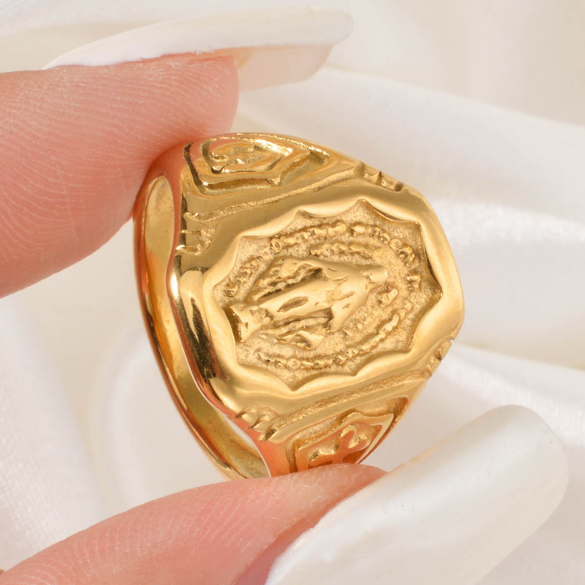 Women's 18K Gold Plated Signet Ring with Religious Engraving